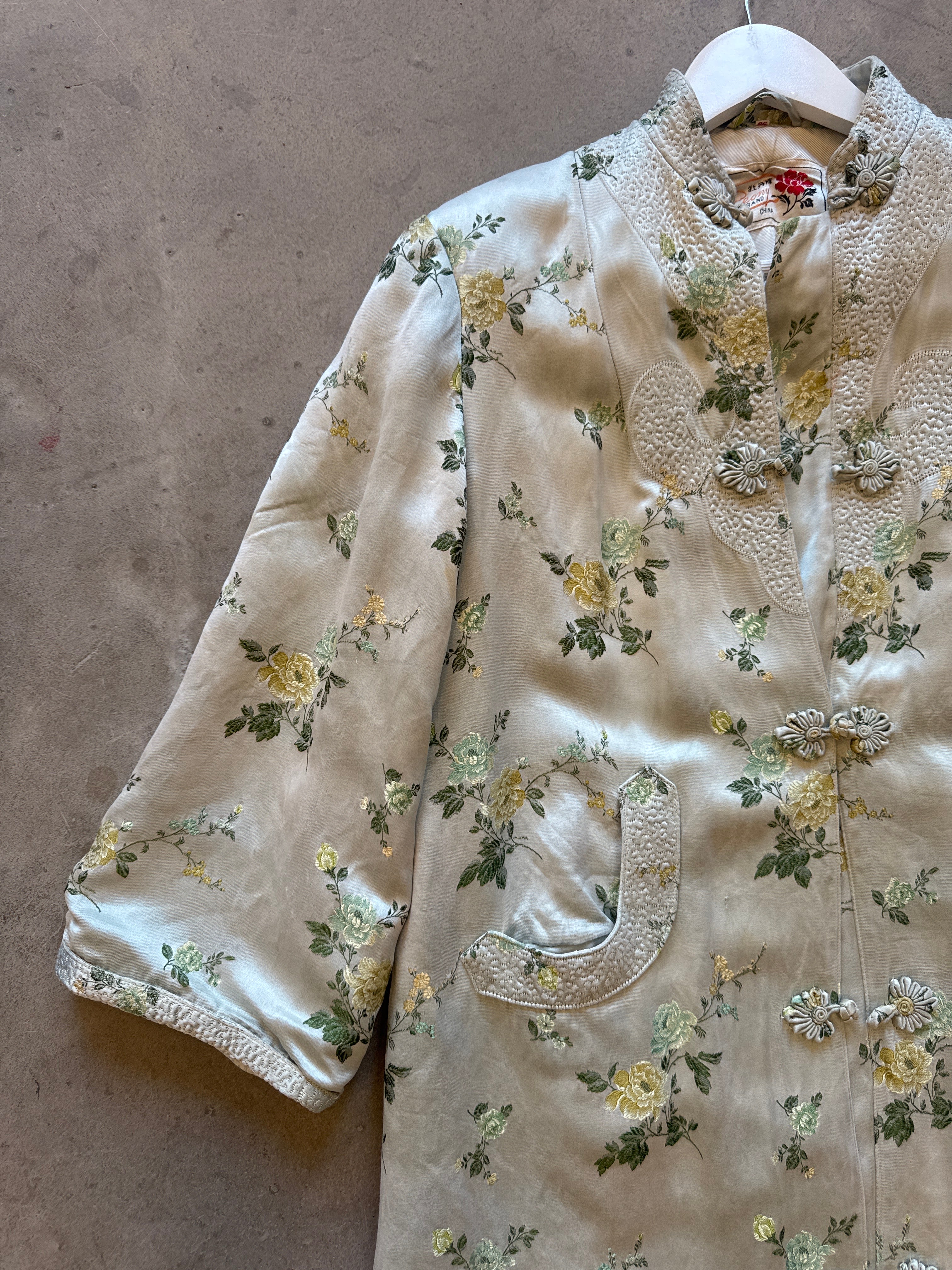 Silver Blue Rose Print Silk Jacket