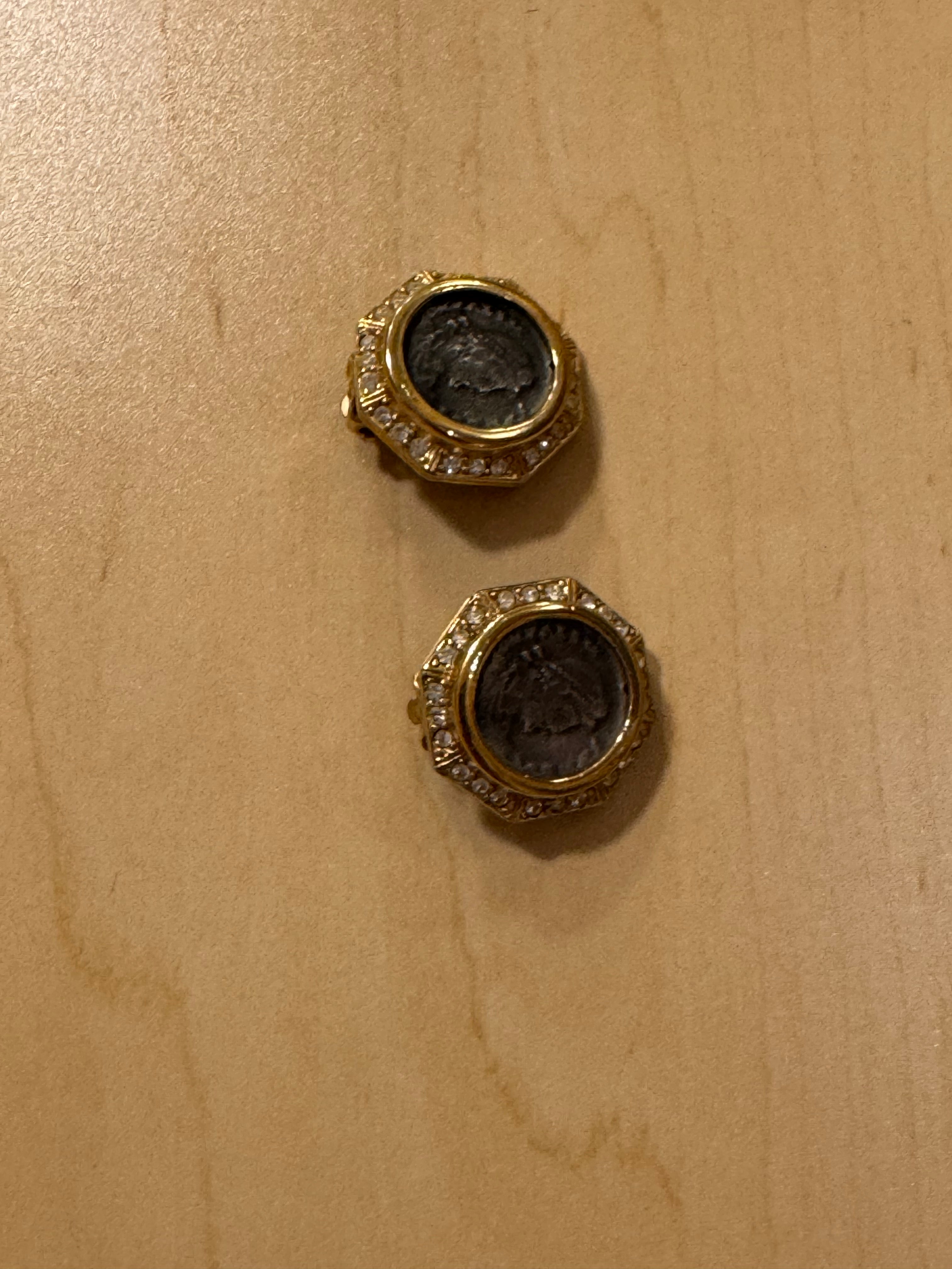 Ancient Coin and Rhinestone Clip Earrings