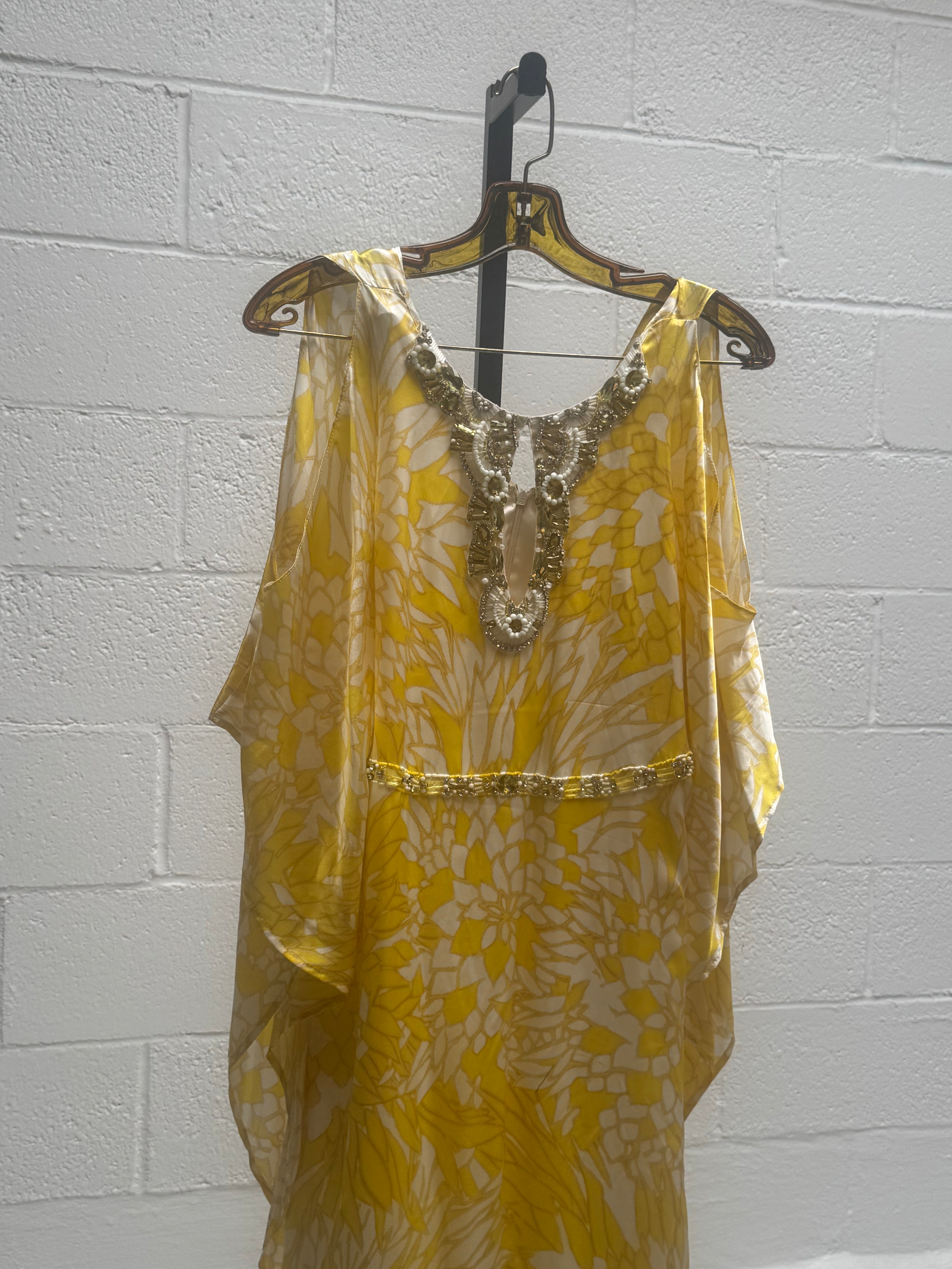 Yellow and White Silk Caftan with Crystals