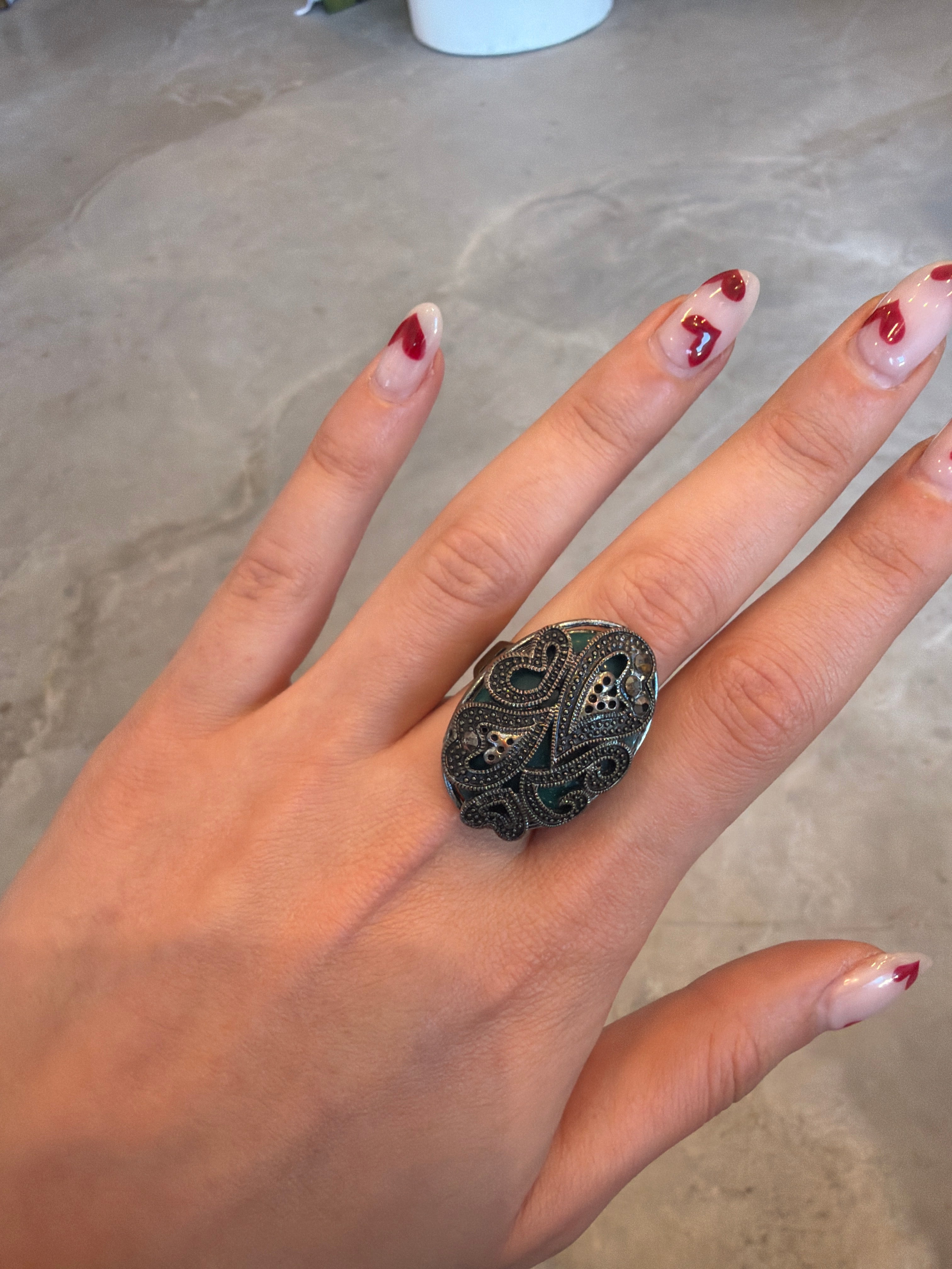 Ornate Silver & Green Onyx Statement Ring