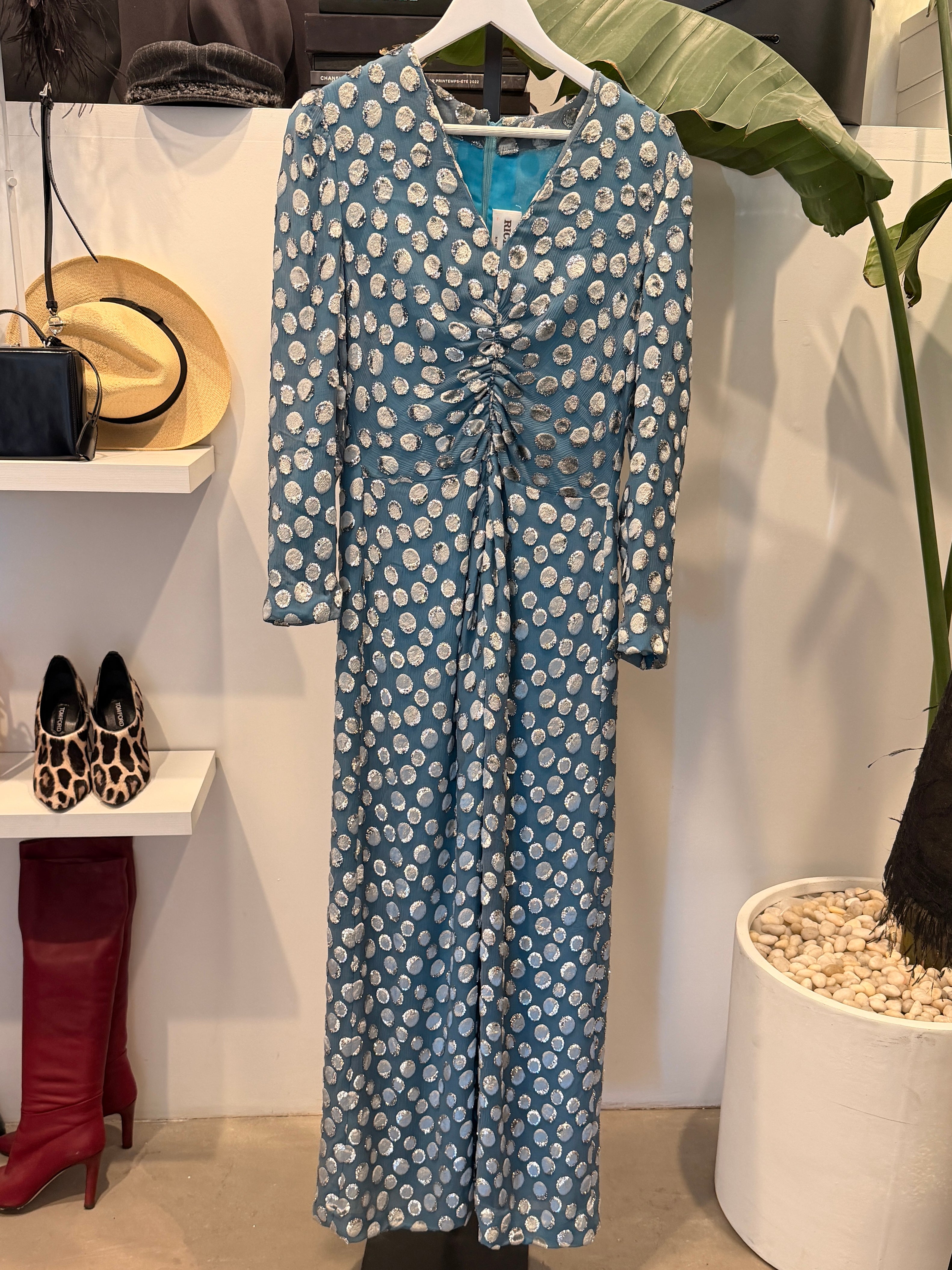 Vintage Blue and Silver Dotted Long Sleeve Dress