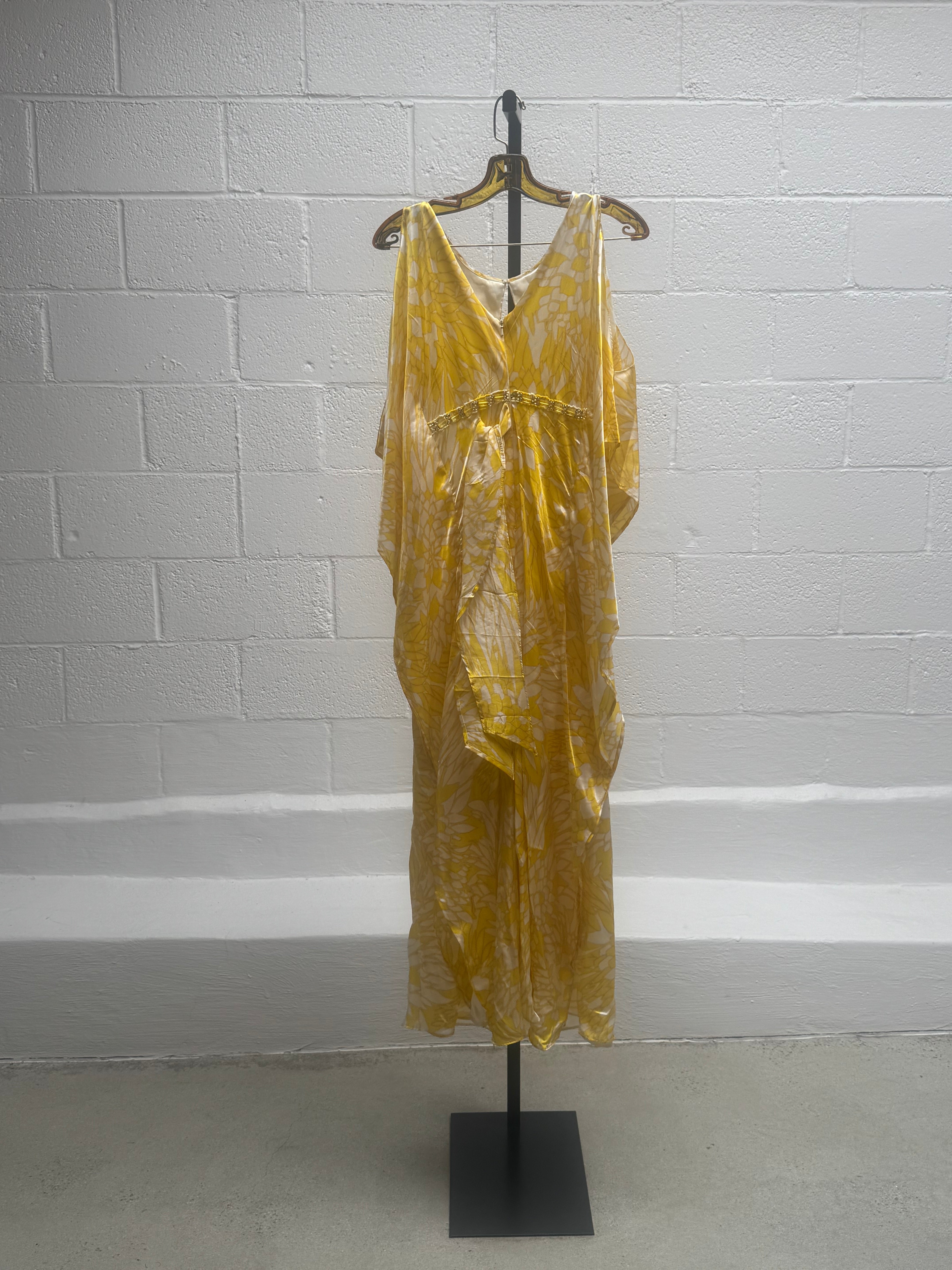 Yellow and White Silk Caftan with Crystals