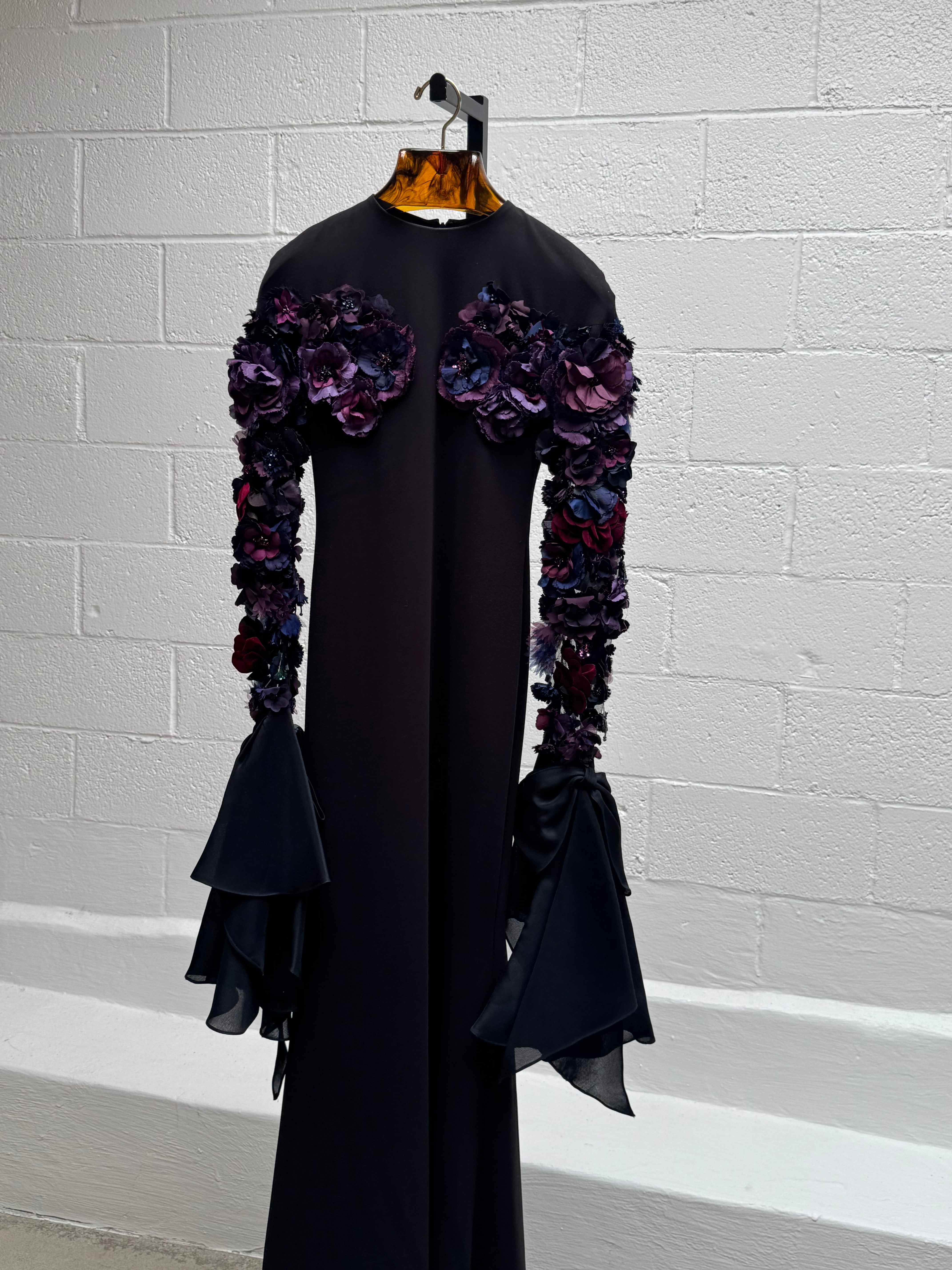 Black Gown with Floral Appliqué Sleeves