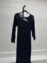 Blue Lace and Sequins Navy Gown with Cut Out Front