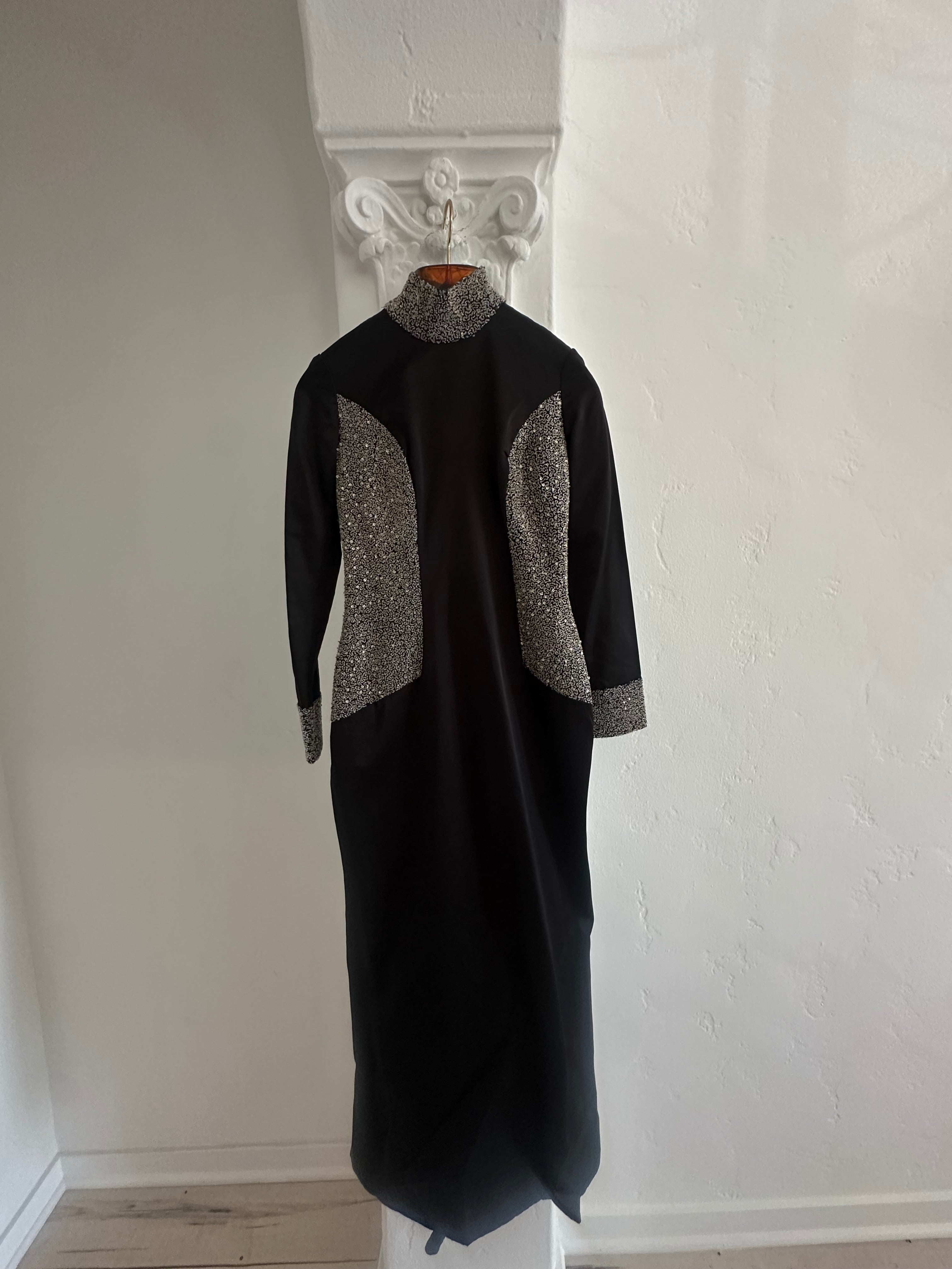 Black Satin Gown with Gold and Clear Beading
