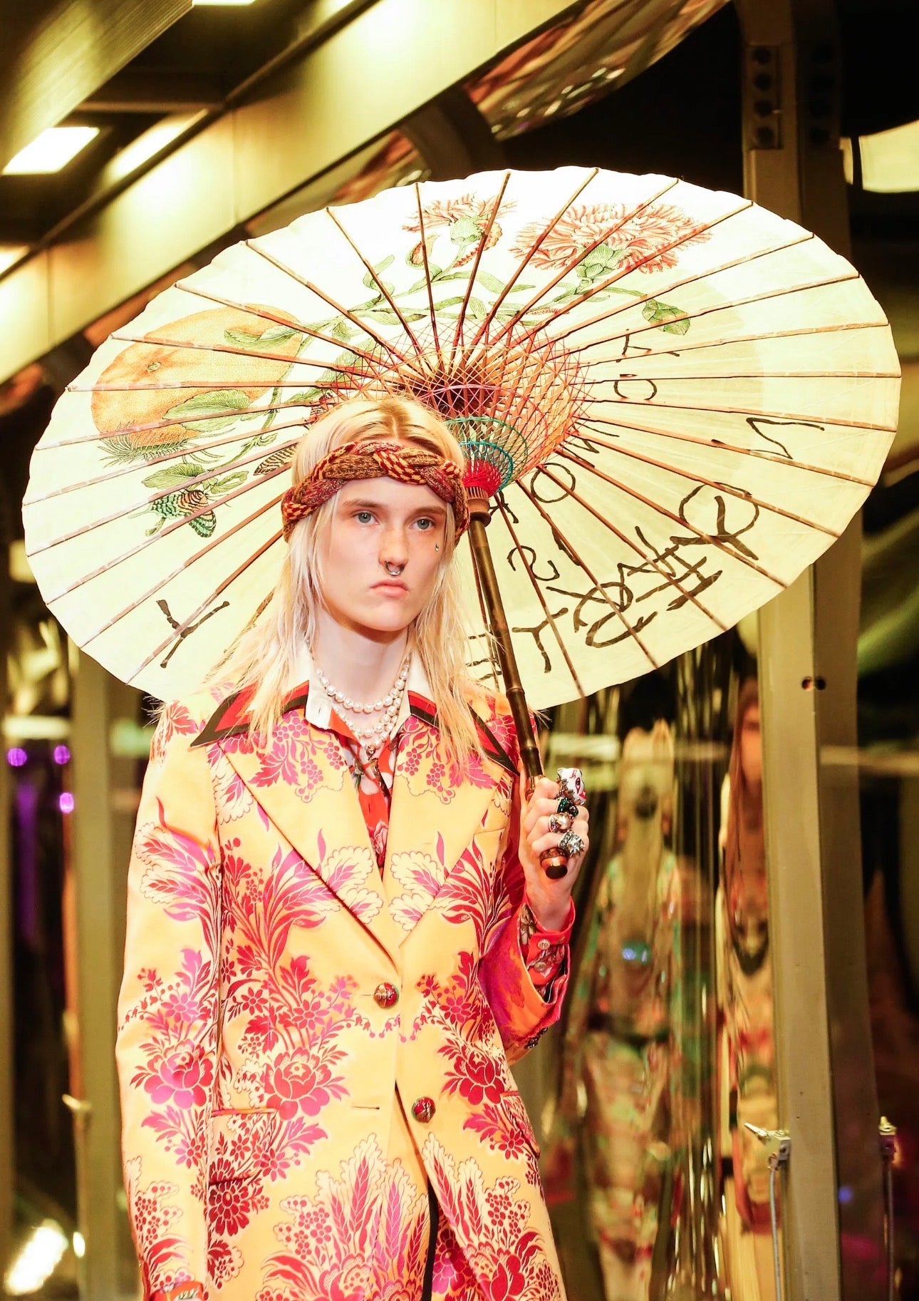 Floral Jacquard Pink & Yellow Suit Fall 2017