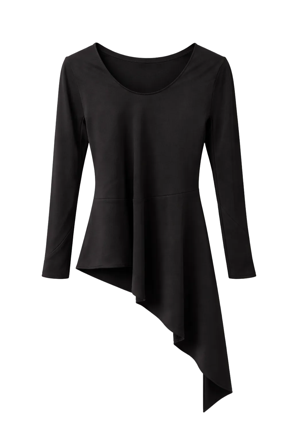 Black long-sleeve top with an asymmetrical hem on a white background