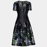Black Silk Floral Jacquard Flared Dress