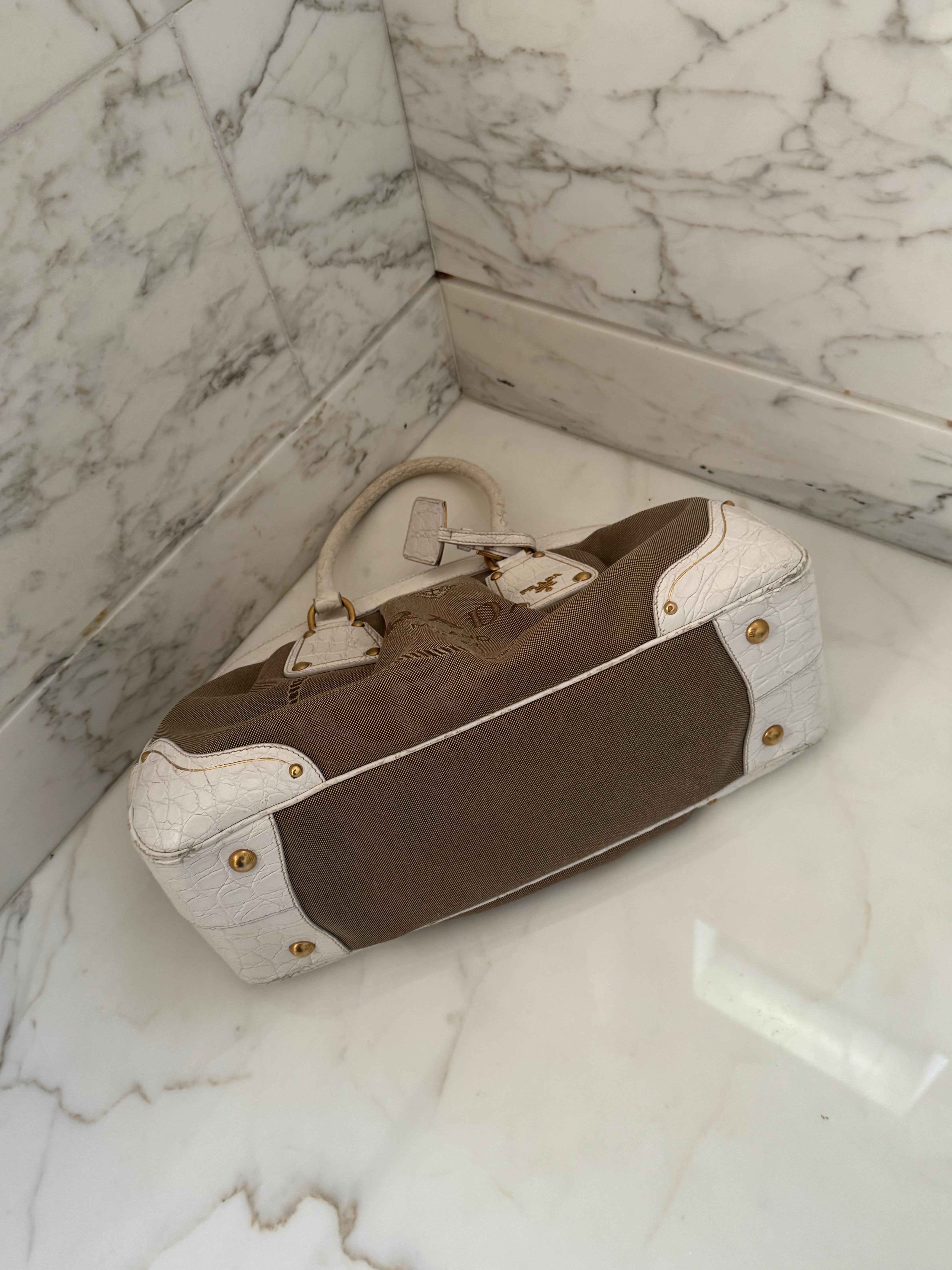 Vintage Prada 2000s Brown & Cream Jacquard Logo bag