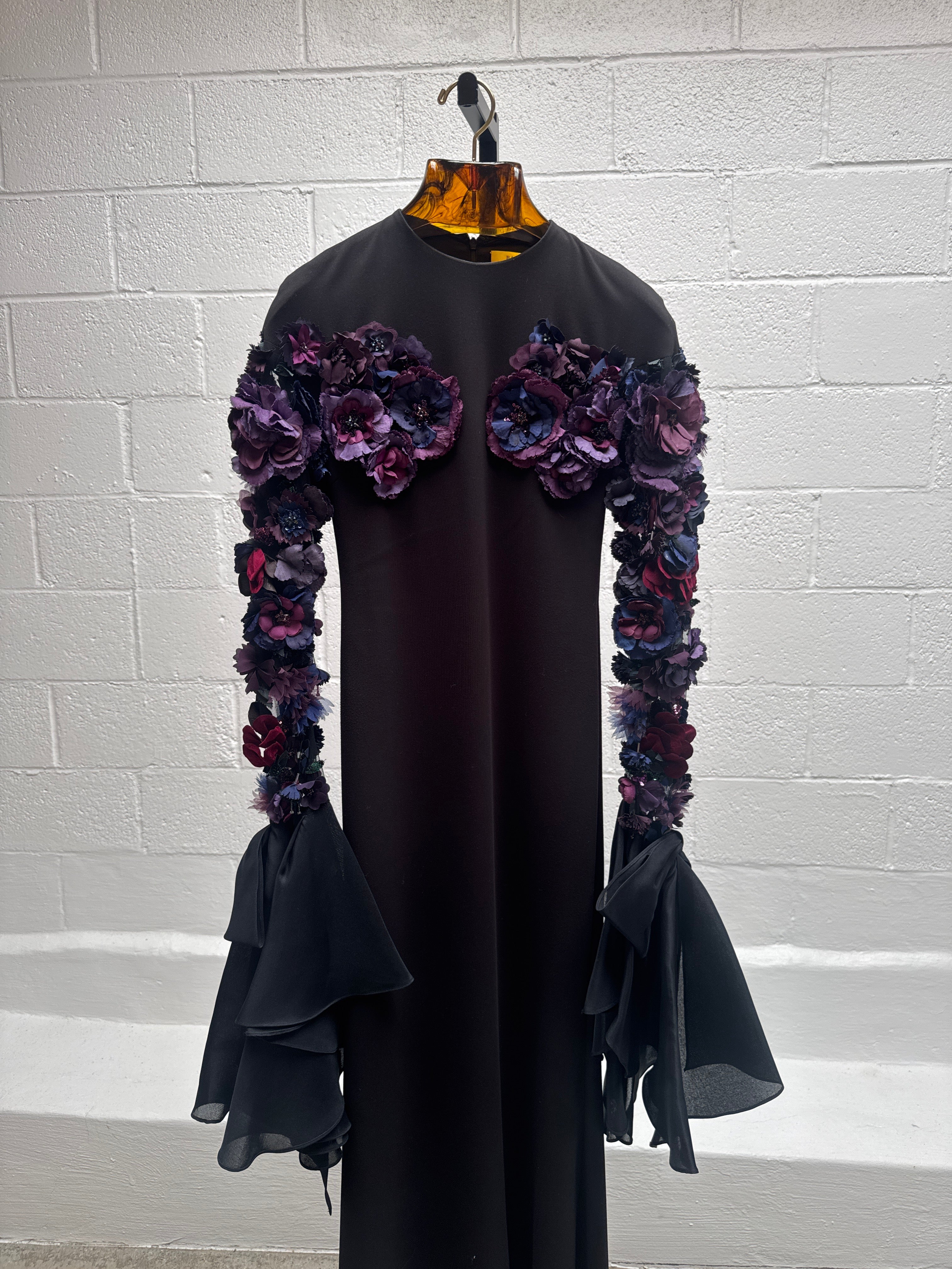 Black Gown with Floral Appliqué Sleeves