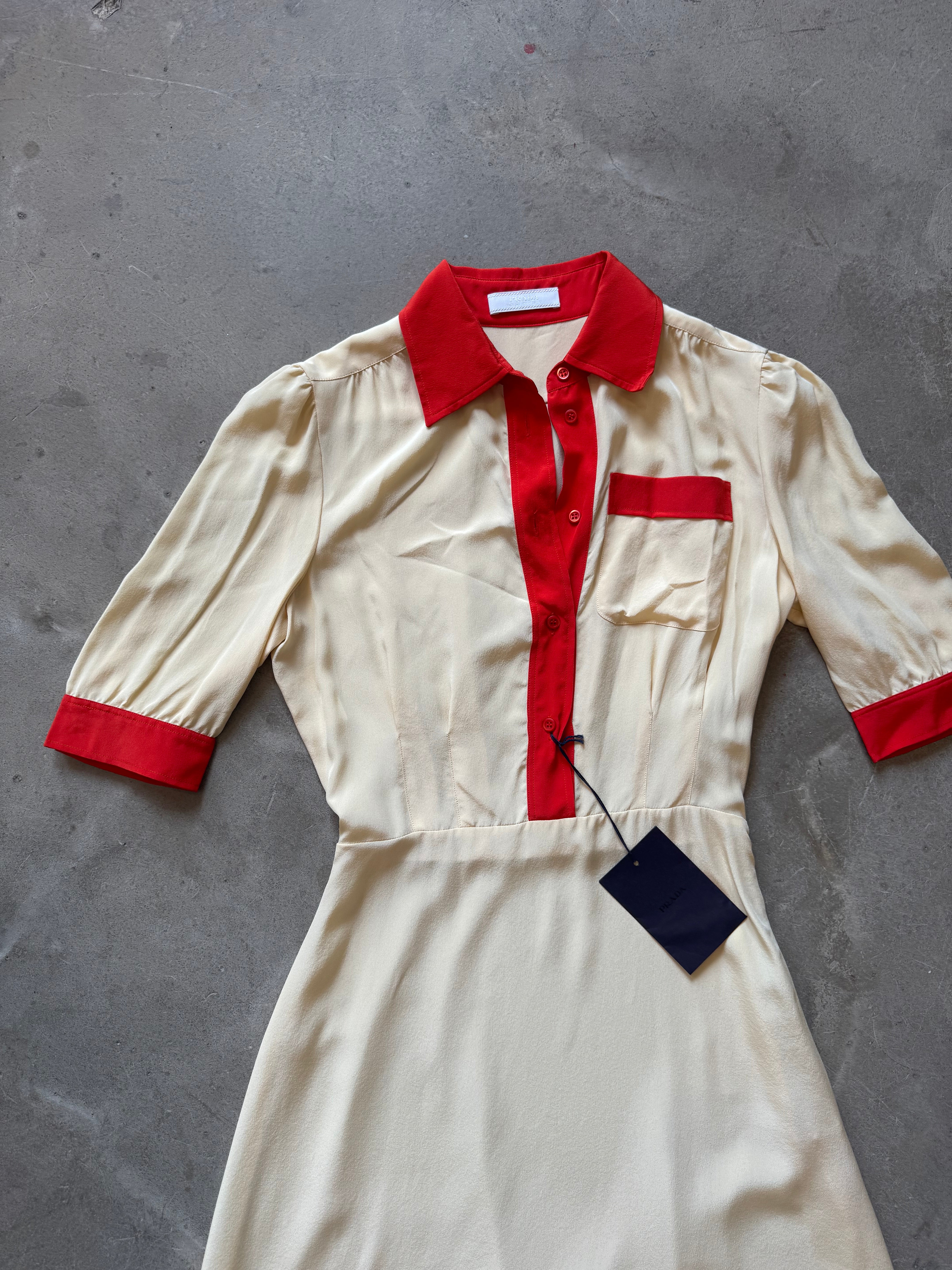 Silk Cream with Red Trim Dress