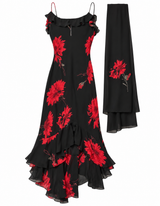 Red Floral Dress with Scarf
