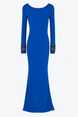 Elegant Long Sleeve Blue Maxi Dress  with Embellished  Cuffs