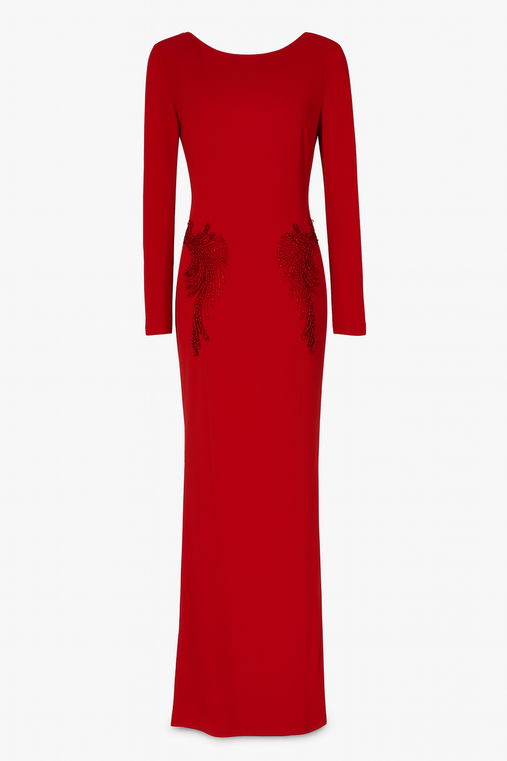 Elegant Long Sleeve Red Maxi Dress with Beaded Floral Accents