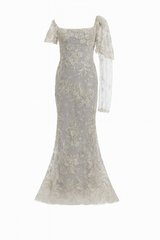 Asymetrical White and Gold Lace Dress
