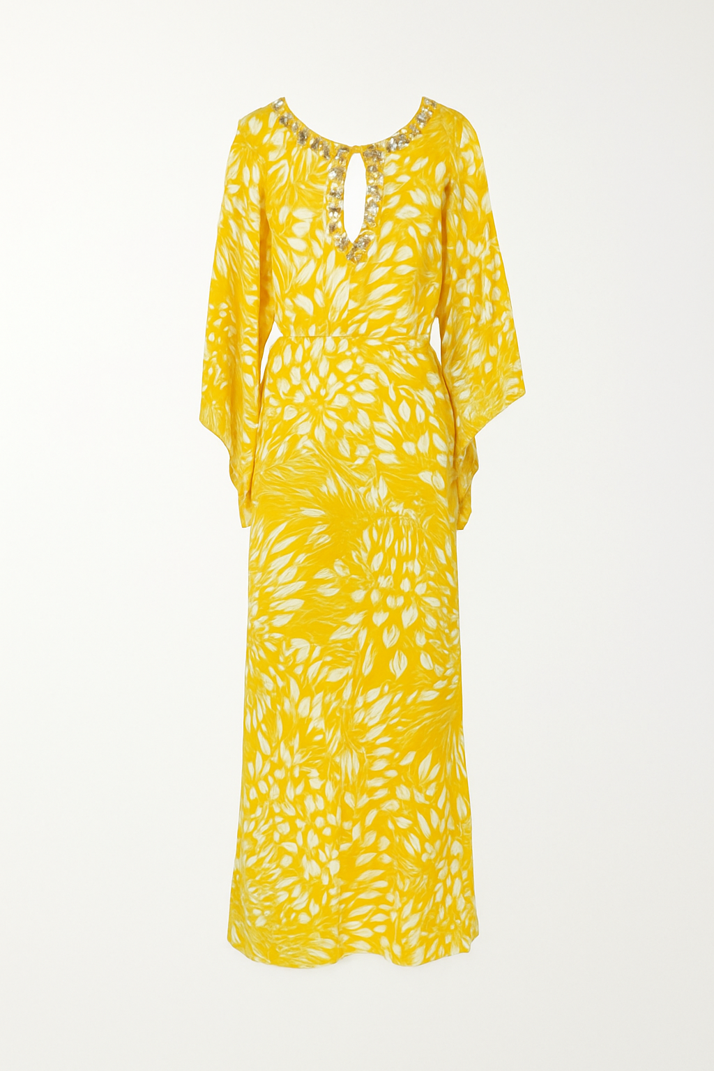 Yellow and White Silk Caftan with Crystals