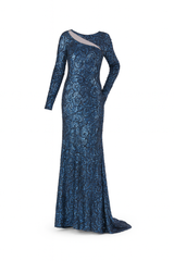 Blue Lace and Sequins Navy Gown with Cut Out Front