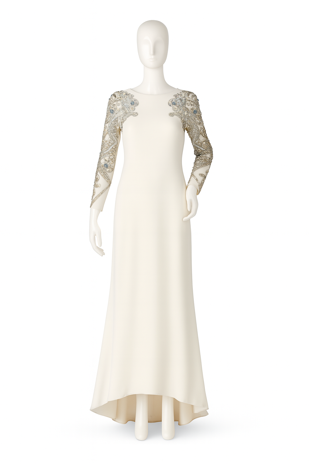 Long White Gown with Silver Beaded Detailing