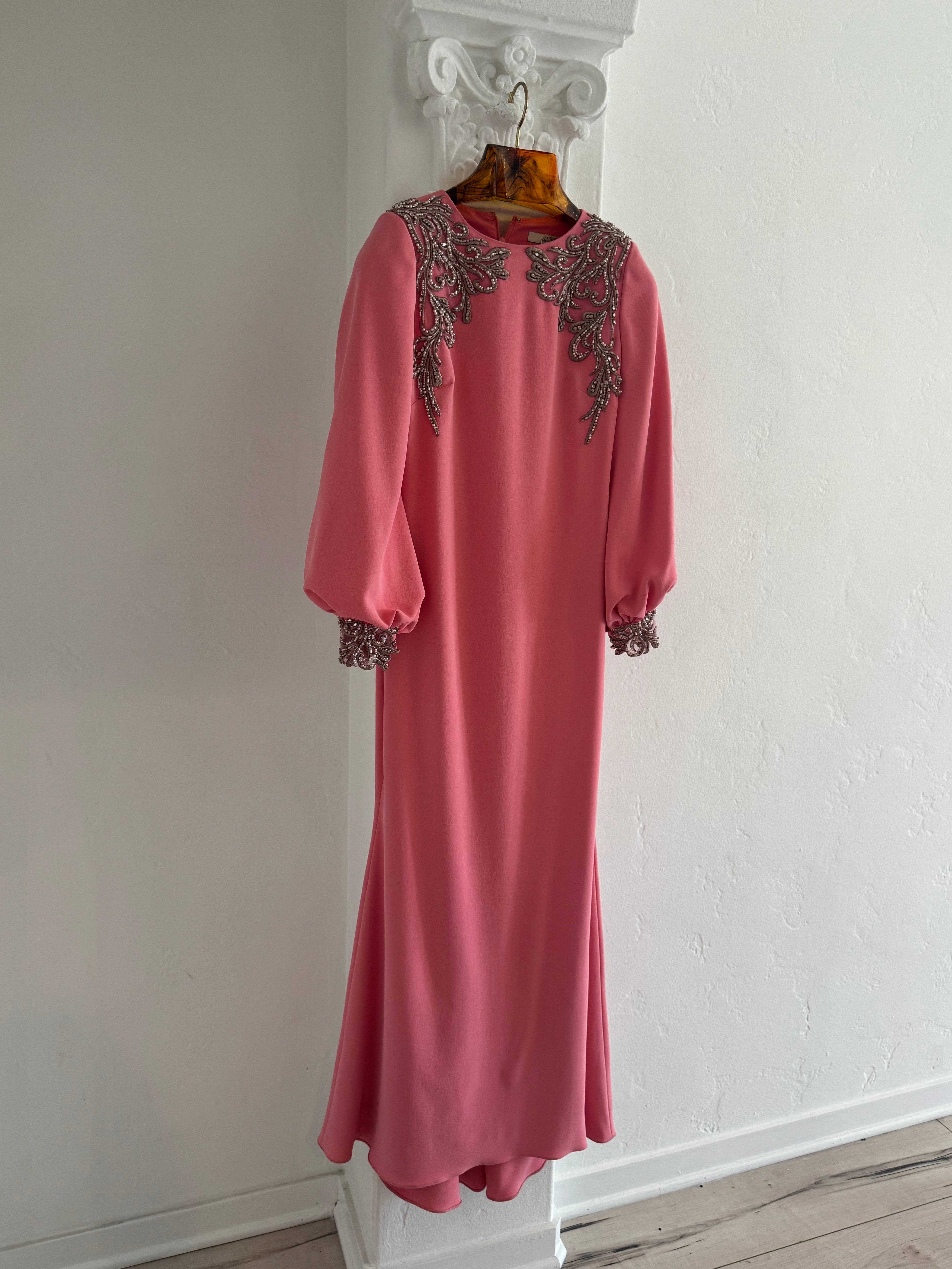 Pink Beaded Gown with Rhinestone Embellishment