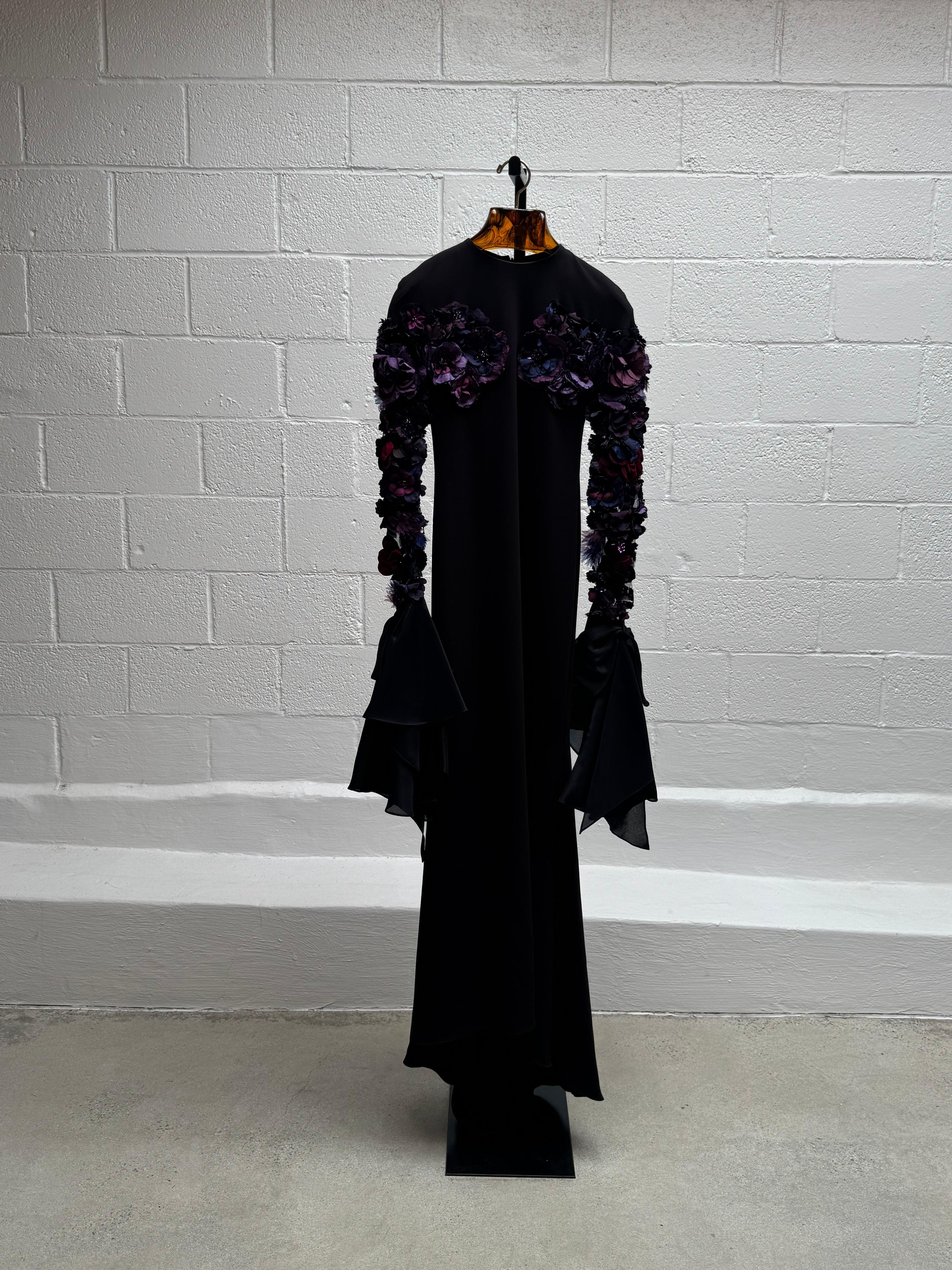 Black Gown with Floral Appliqué Sleeves