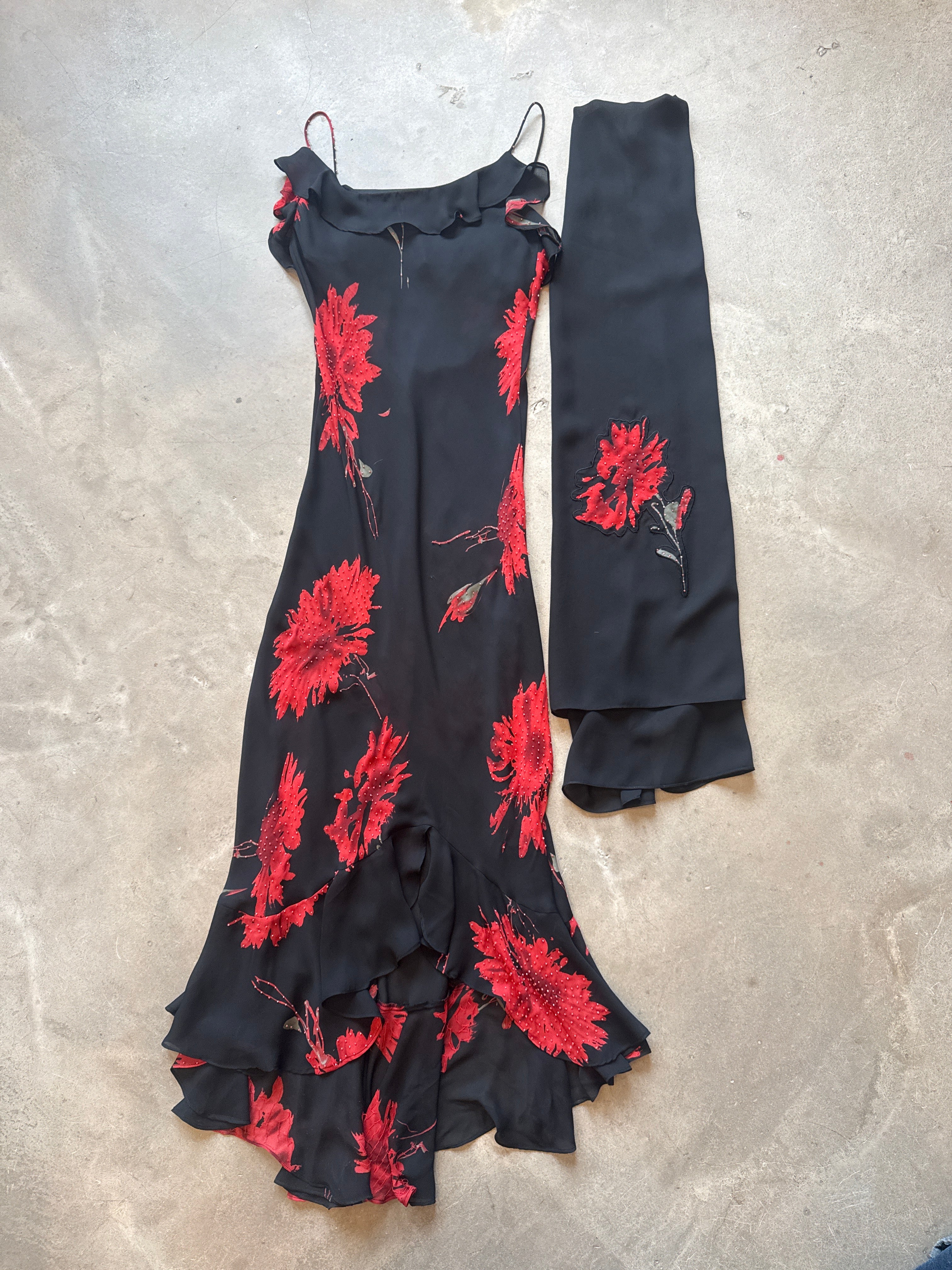 Red Floral Dress with Scarf
