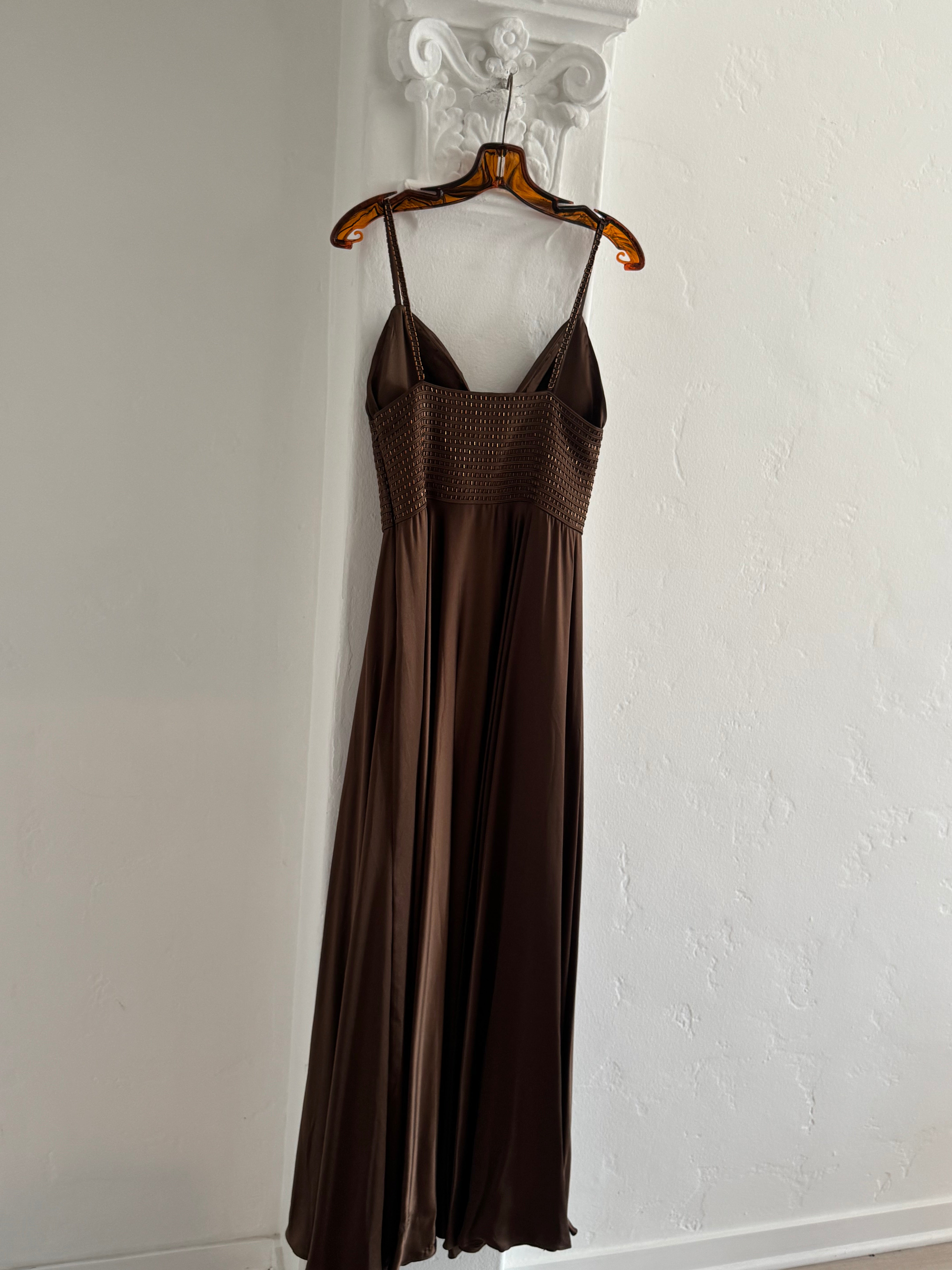 Chocolate Brown Silk Dress with Beaded Bodice