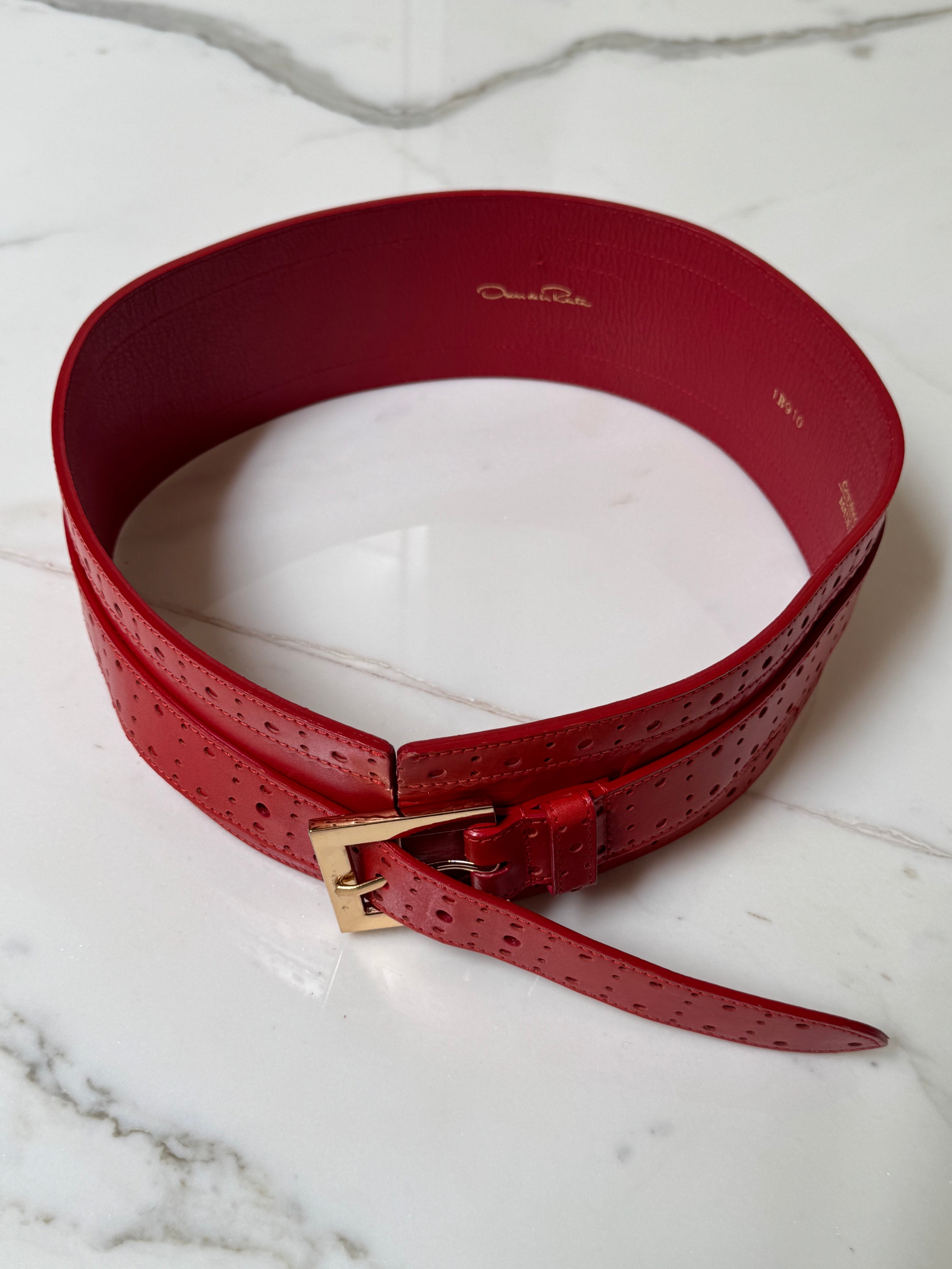 Red Embossed Wide Leather Waist Belt
