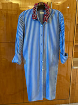 Blue Striped Front tie Shirt with Red Beading