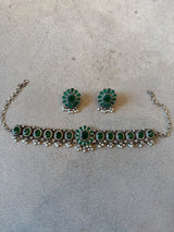 Handcrafted Silver & Green Stone Choker & Earring Set