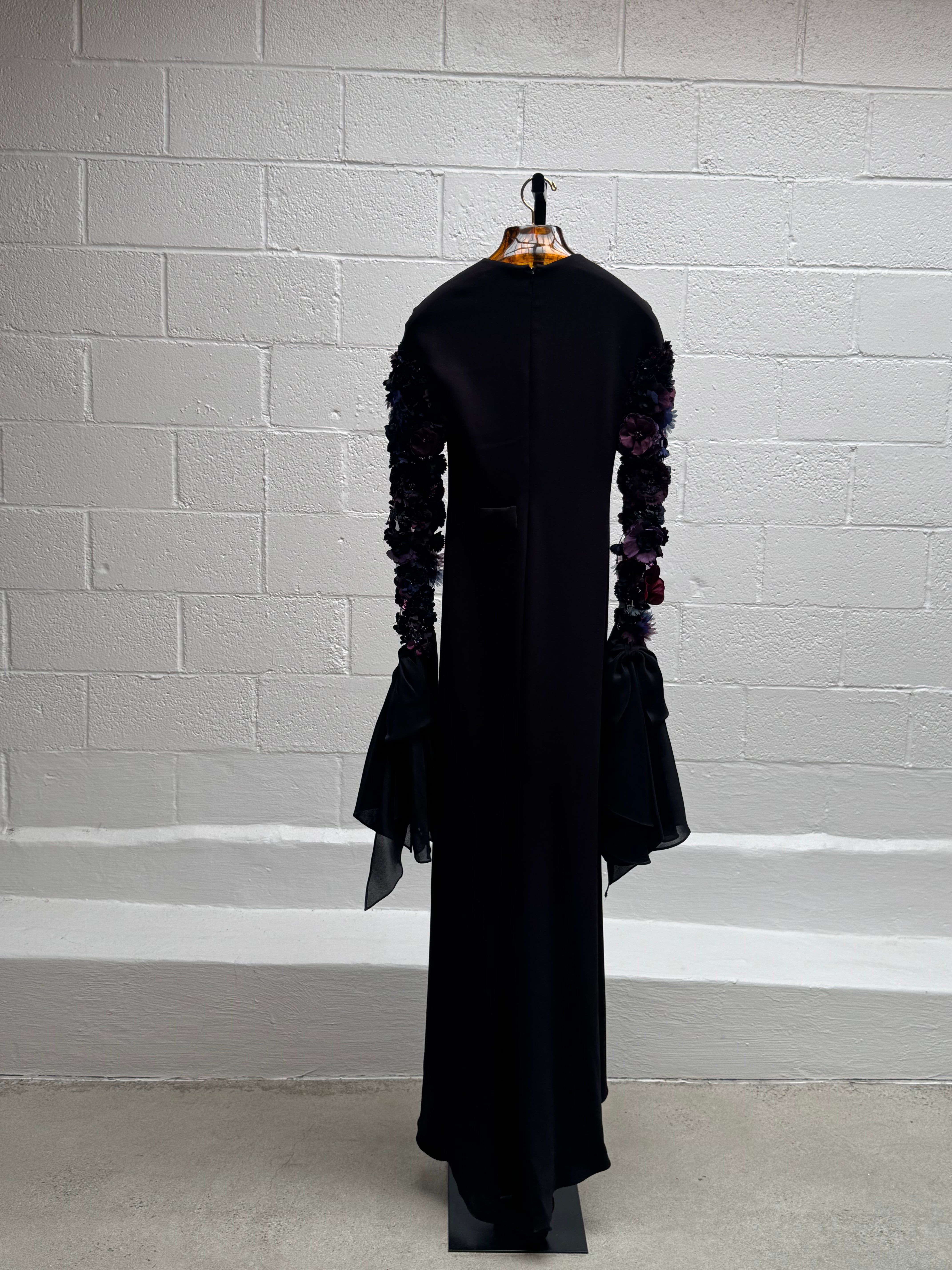 Black Gown with Floral Appliqué Sleeves
