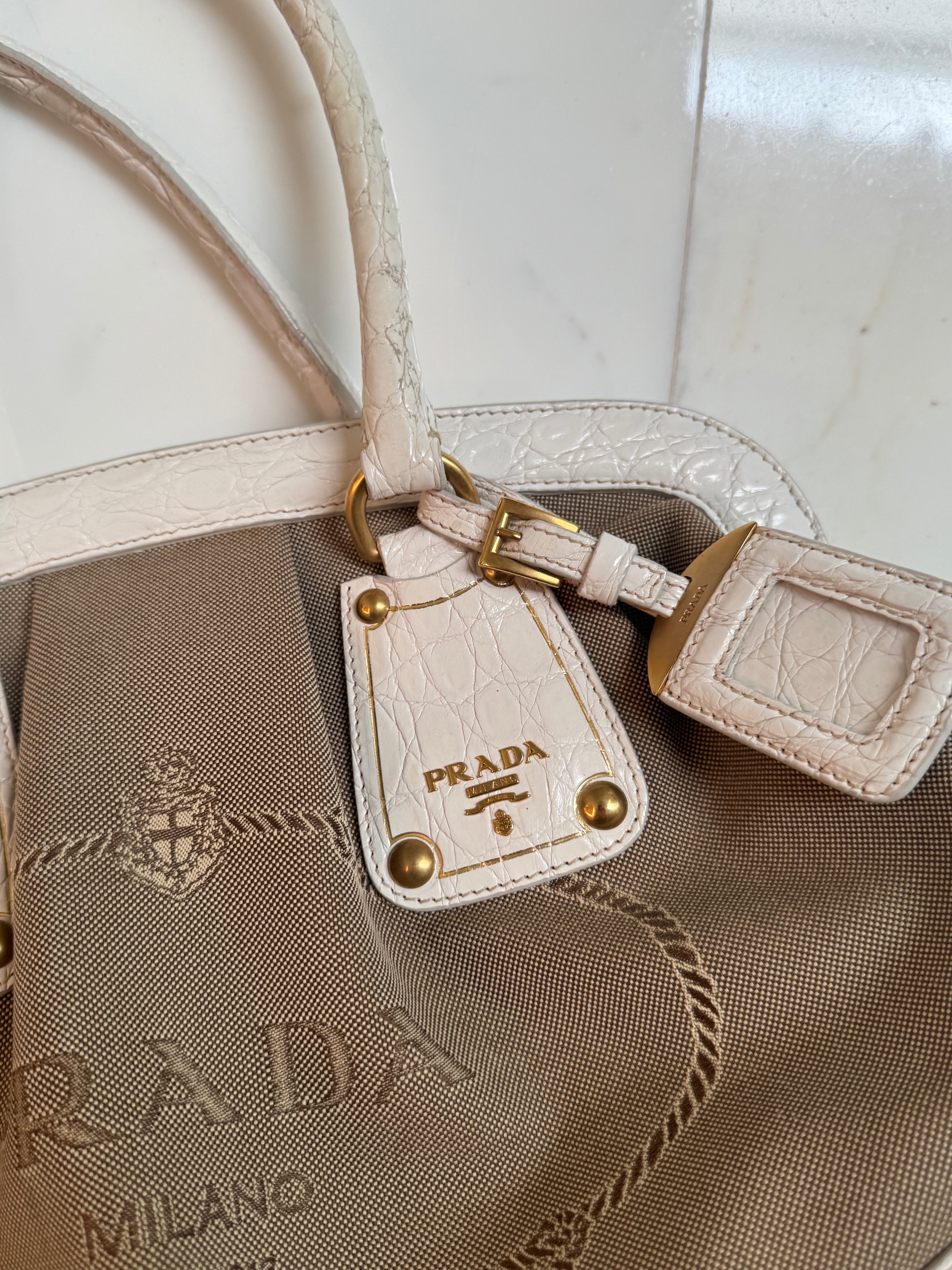 Vintage Prada 2000s Brown & Cream Jacquard Logo bag