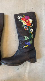 Brown Leather Floral Boots