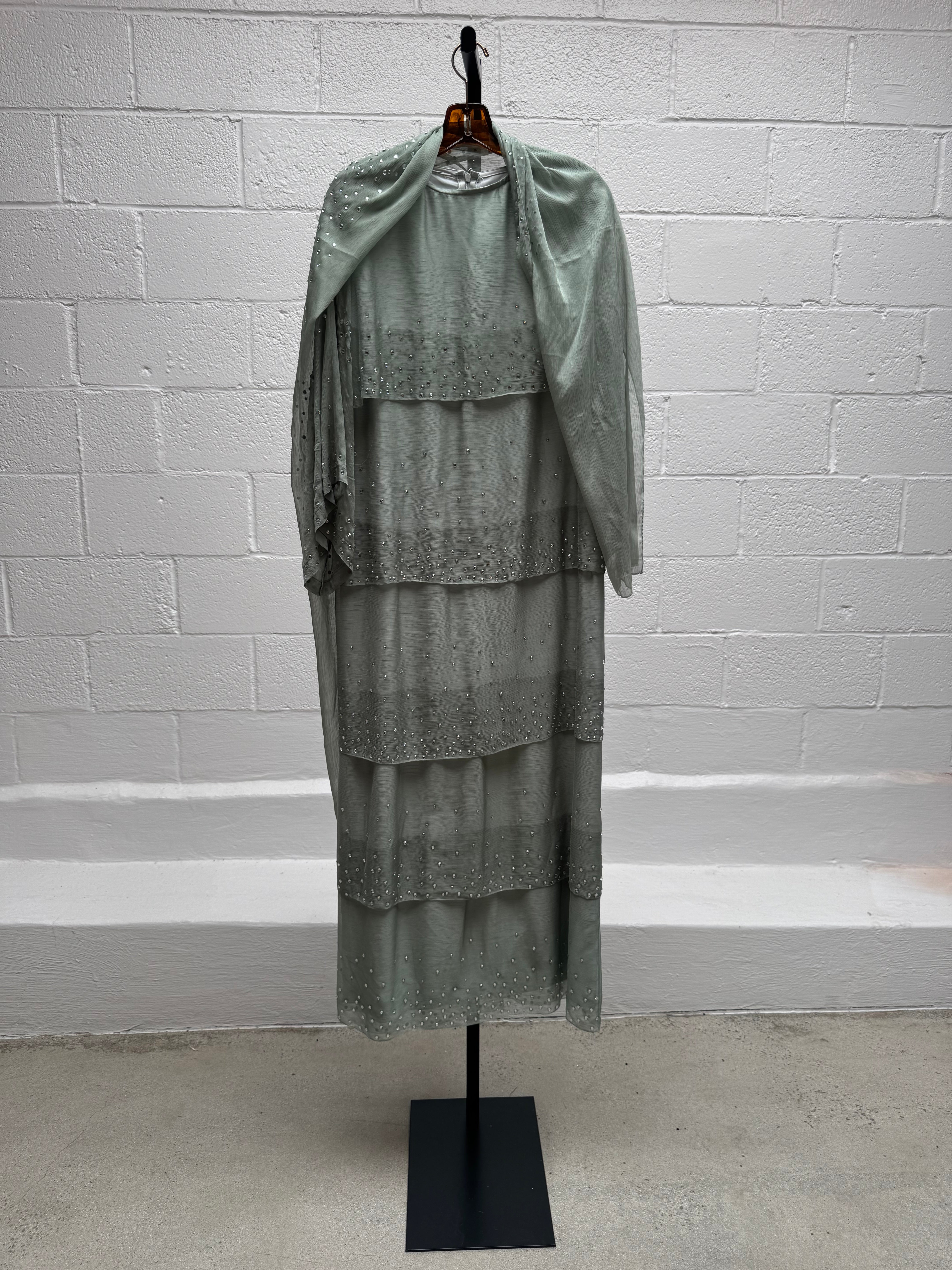 Soft Green Ruffle Dress with Rhinestones and scarf