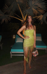 Beaded Tulle Midi Dress In Lime