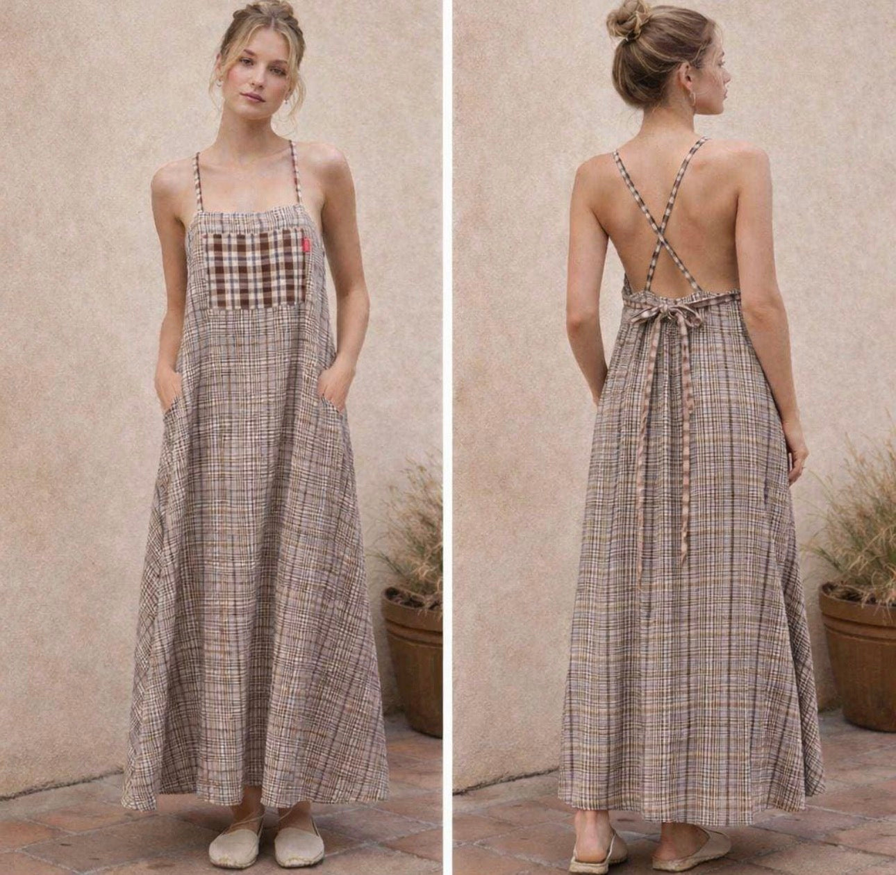Linen Backless Dress with Pockets