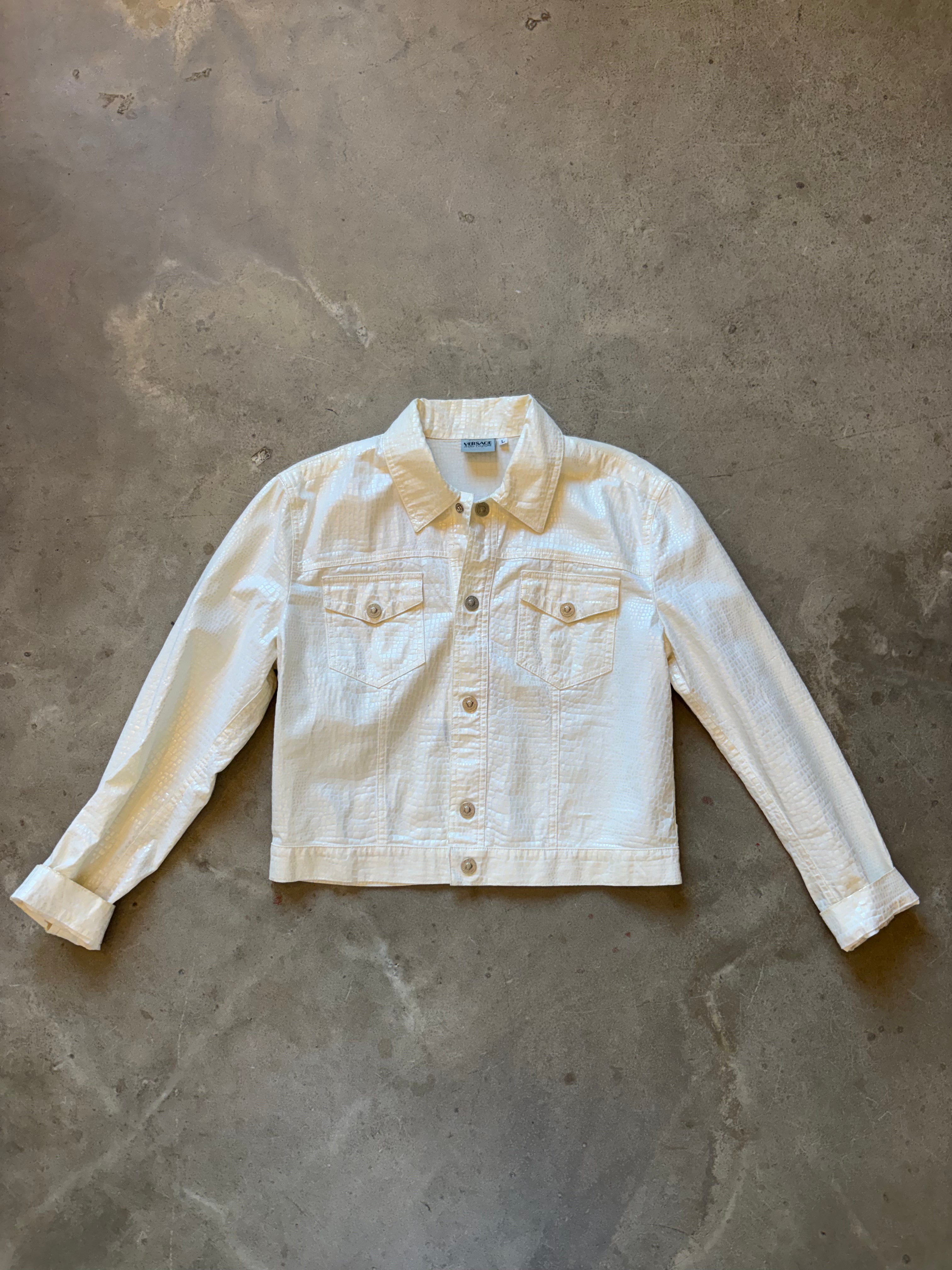 White Denim Snakeskin Print Jacket