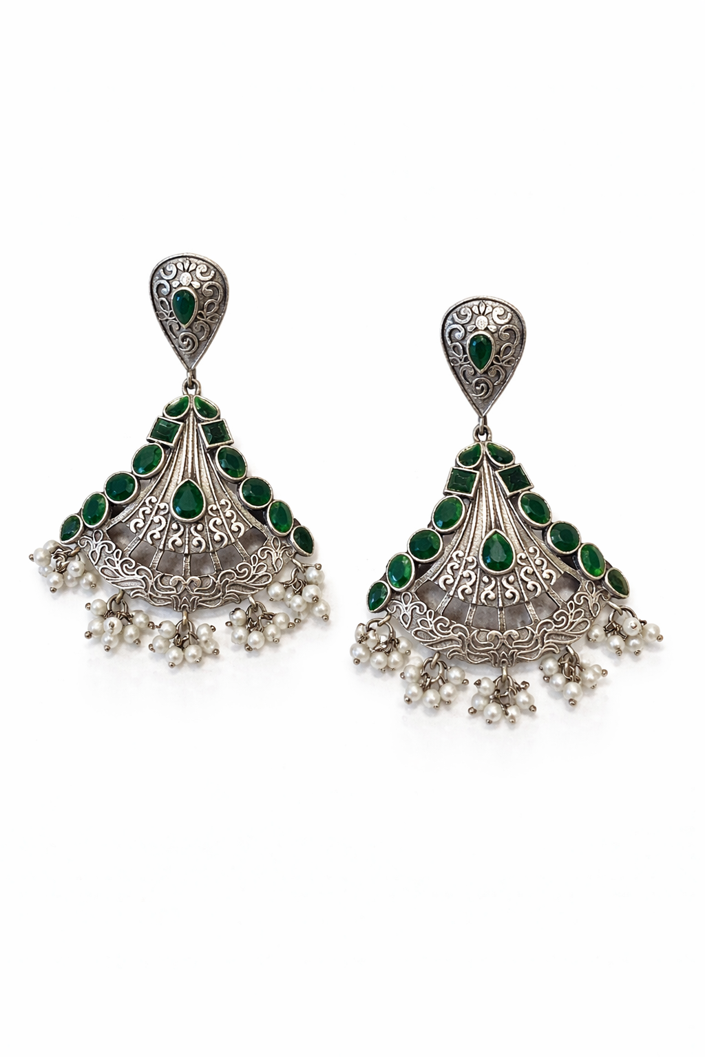 Handcrafted Silver & Green Stone Chandelier Earrings
