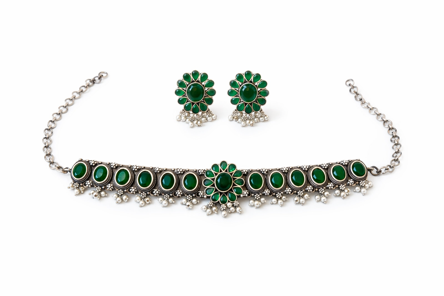 Handcrafted Silver & Green Stone Choker & Earring Set