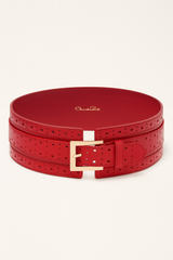Red Embossed Wide Leather Waist Belt