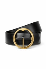 Leather belt gold round buckle