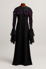 Black Gown with Floral Appliqué Sleeves