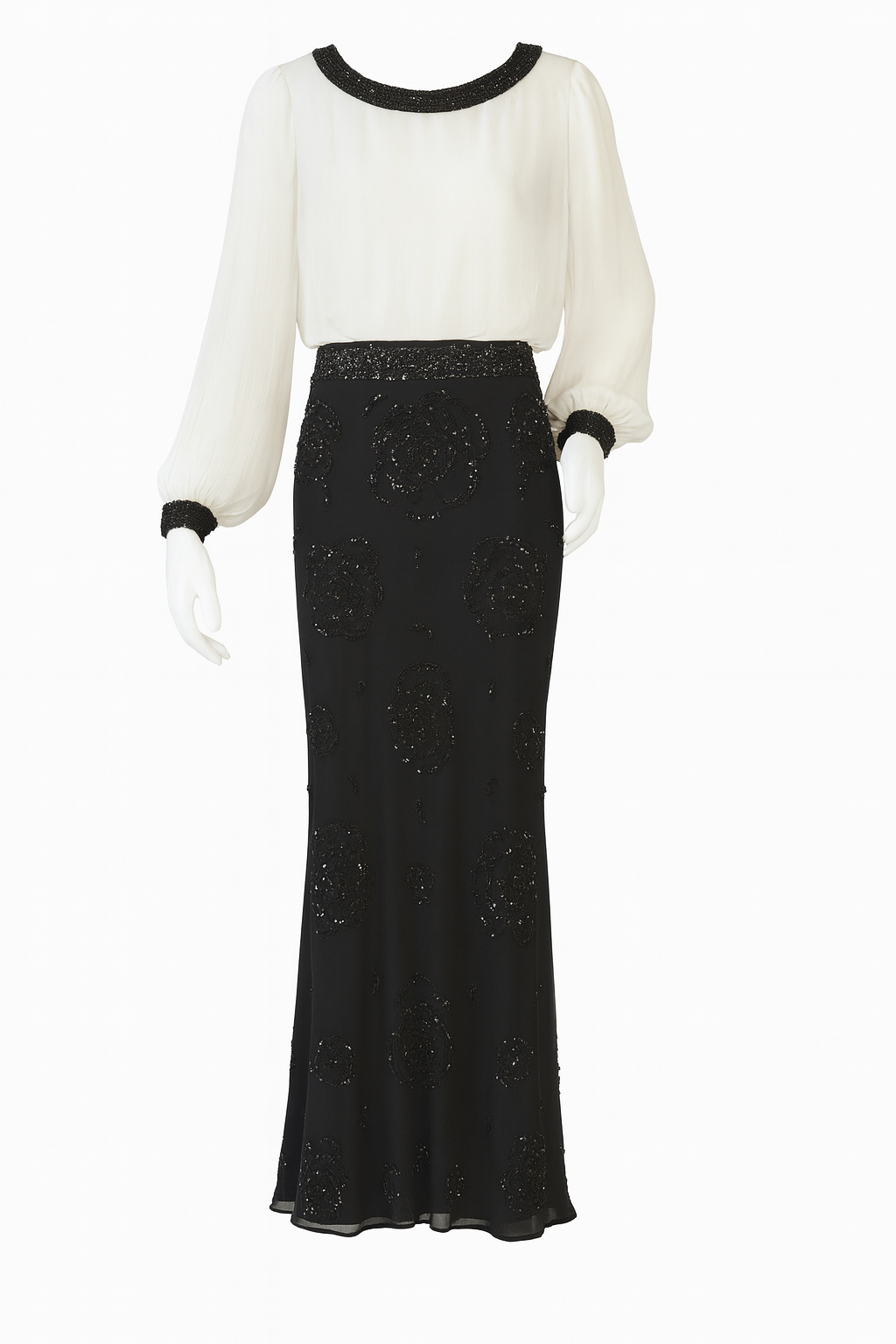 Cream and Black Embellished Gown.