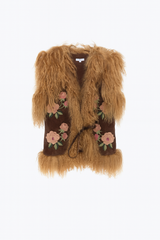 Cropped Fur Vest with Floral Embroidery
