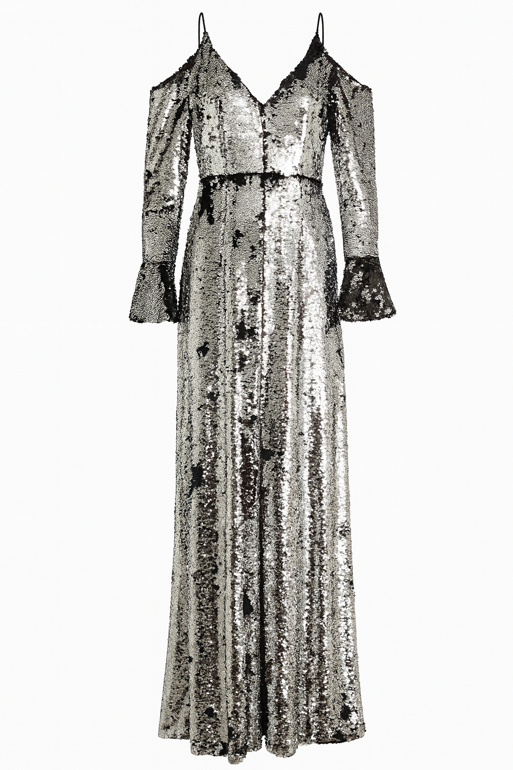 Eye-Catching Silver and Black Sequin Jumpsuit with Off-The-Shoulder Sleeves