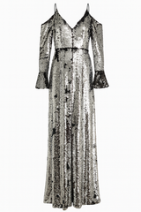 Eye-Catching Silver and Black Sequin Jumpsuit with Off-The-Shoulder Sleeves