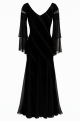 Elegant Black Evening Gown with Sheer Sleeves and Sequin Details