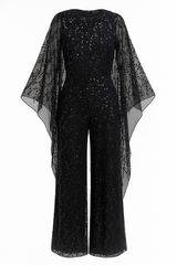 Chic Black Sequin Long Sleeve Jumpsuit with Sheer Detailing