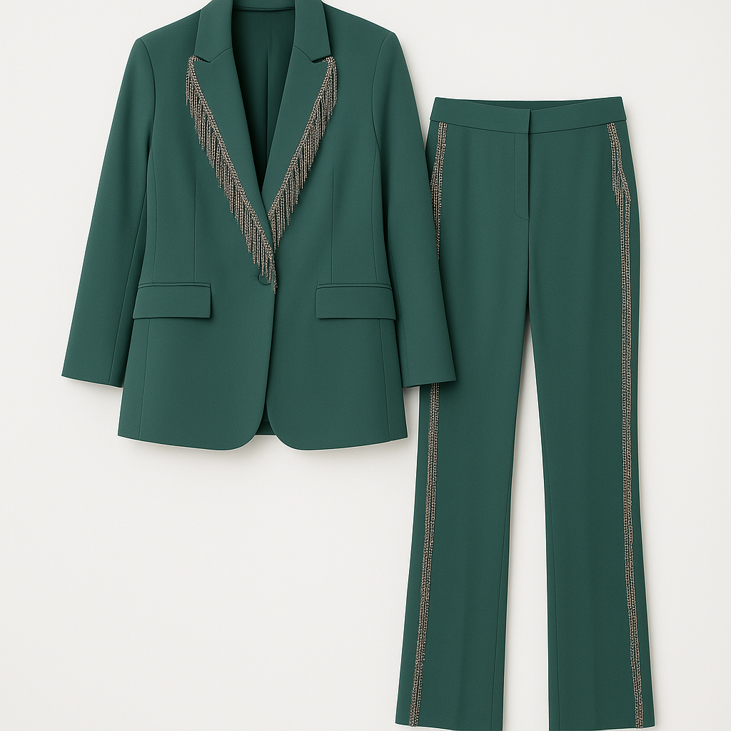 Green Jacket and Pant Set with Rhinestone Fringe