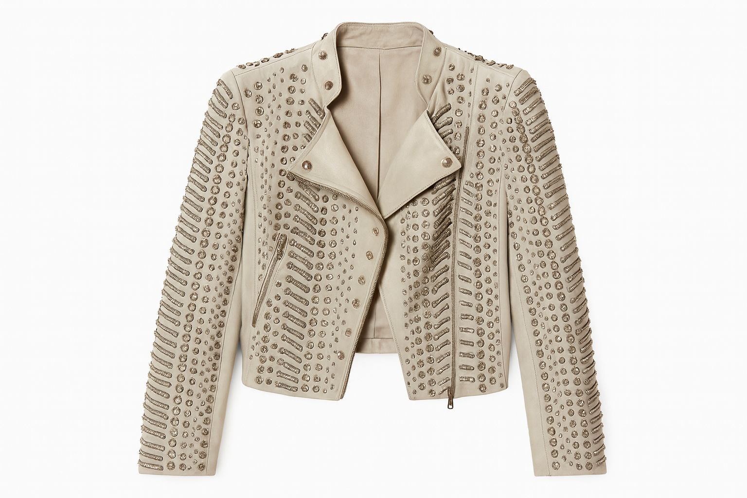 Grey Leather Jacket with Metallic Details