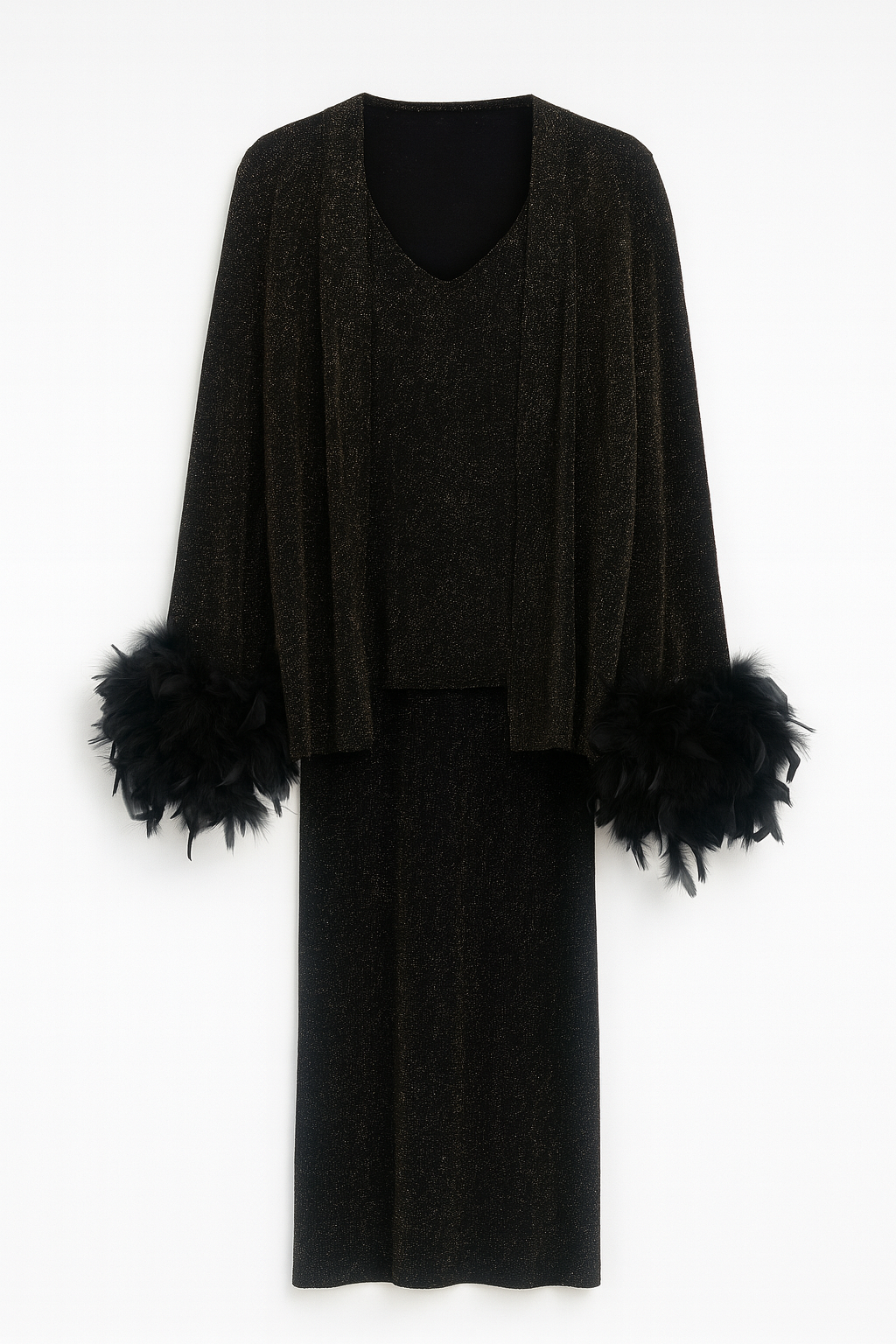 Glitter Jacket Pant and Top Set with feather sleeves.